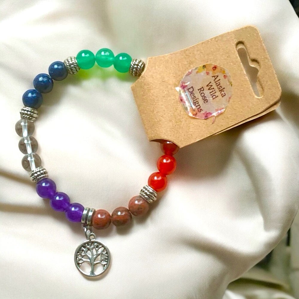 Chakra Tree of Life Natural Stone Beaded Bracelet & instruction definitioc card - Picture 3 of 5